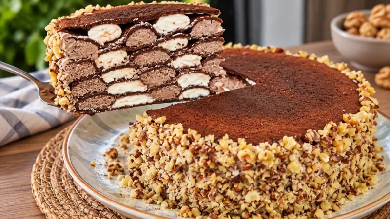 Minkštas blynų tortas „Zebra“ be kepamų lakštų — kremas išdėstomas juostomis šachmatine tvarka