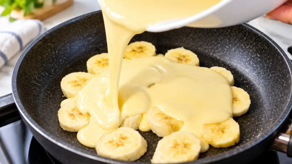 Bananų desertas keptuvėje iš 2 kiaušinių — be orkaitės