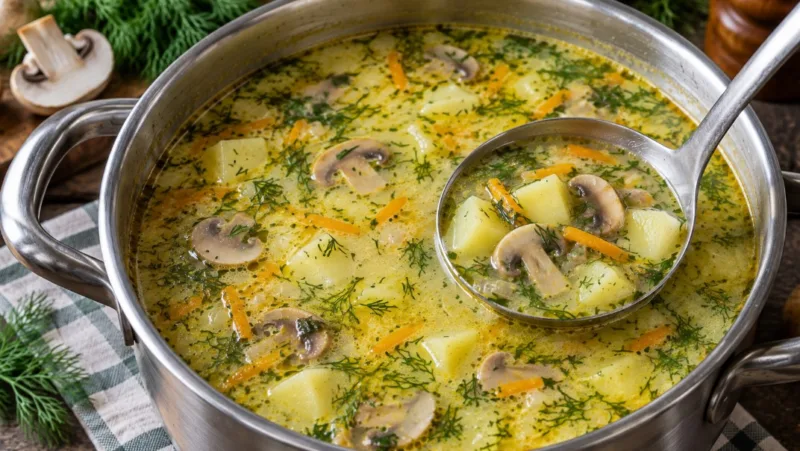 Kepu šampinjonus ir daržoves tiesiai puode: švelni sūrio sriuba su šampinjonais ir vermišeliais pietums