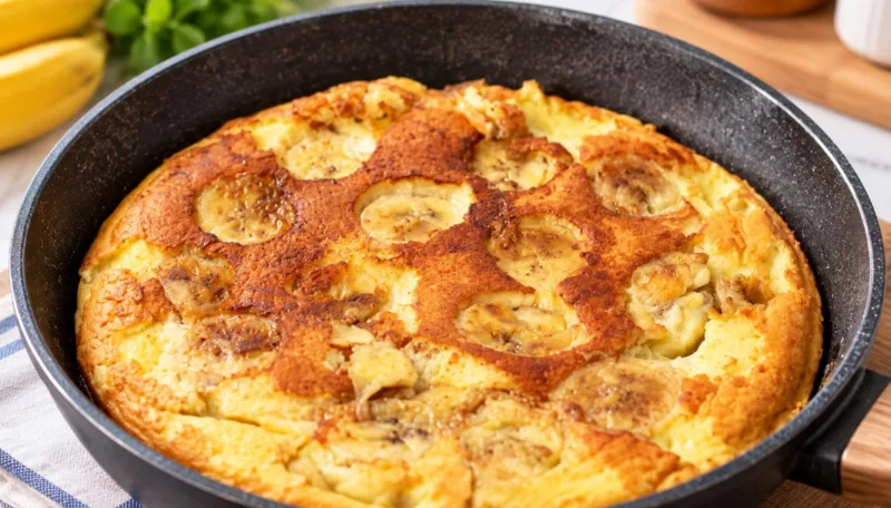 Bananų desertas keptuvėje iš 2 kiaušinių — be orkaitės