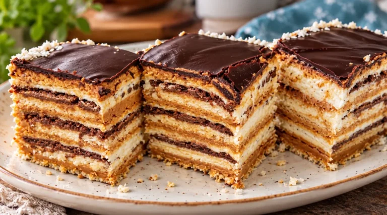 Švelnus nekeptas tortas su vafliniais lakštais, sausainiais ir krekeriais — žingsnis po žingsnio