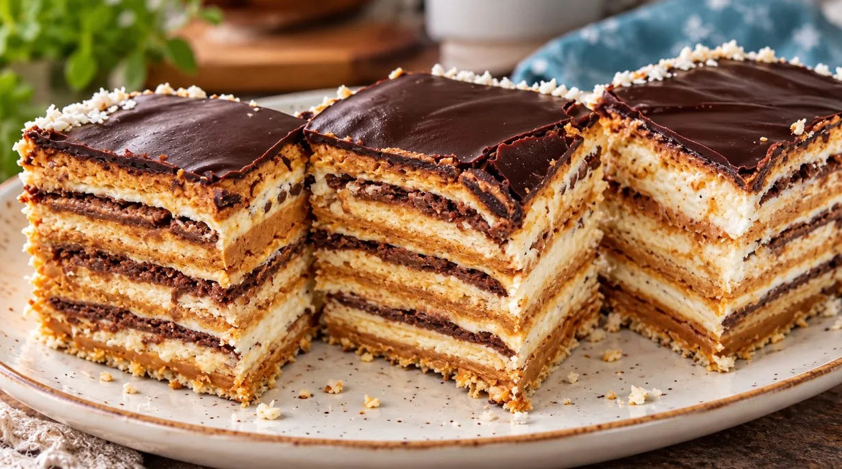 Švelnus nekeptas tortas su vafliniais lakštais, sausainiais ir krekeriais — žingsnis po žingsnio