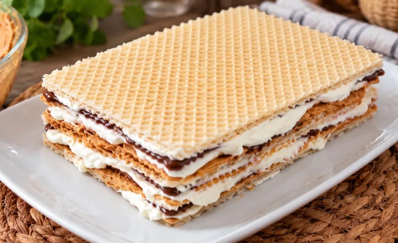 Švelnus nekeptas tortas su vafliniais lakštais, sausainiais ir krekeriais — žingsnis po žingsnio