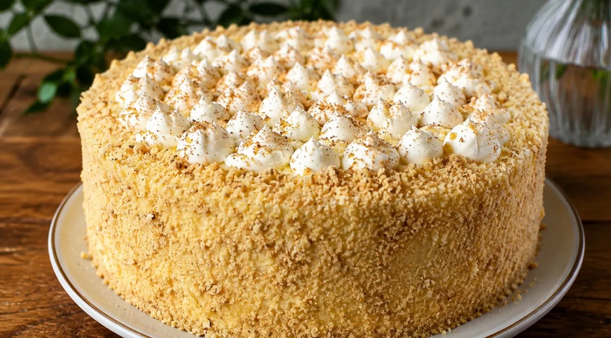 Tortas „Smetannik“ su ledų skoniu: grietinę maišau su cukrumi, sluoksniuoju sausainiais ir dedu į šaldiklį