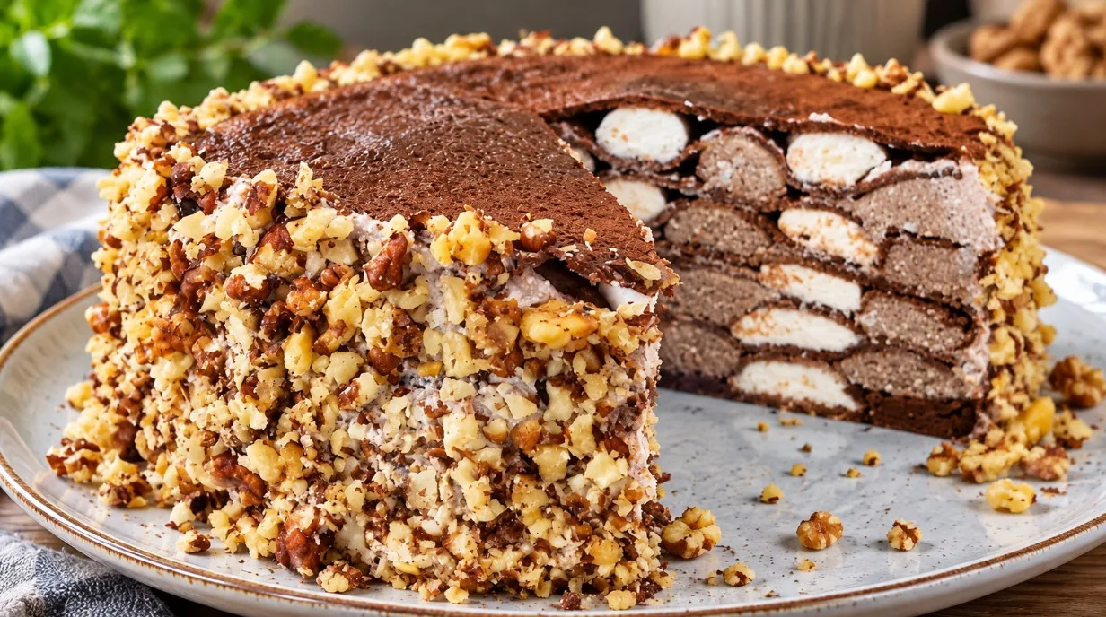 Minkštas blynų tortas „Zebra“ be kepamų lakštų — kremas išdėstomas juostomis šachmatine tvarka