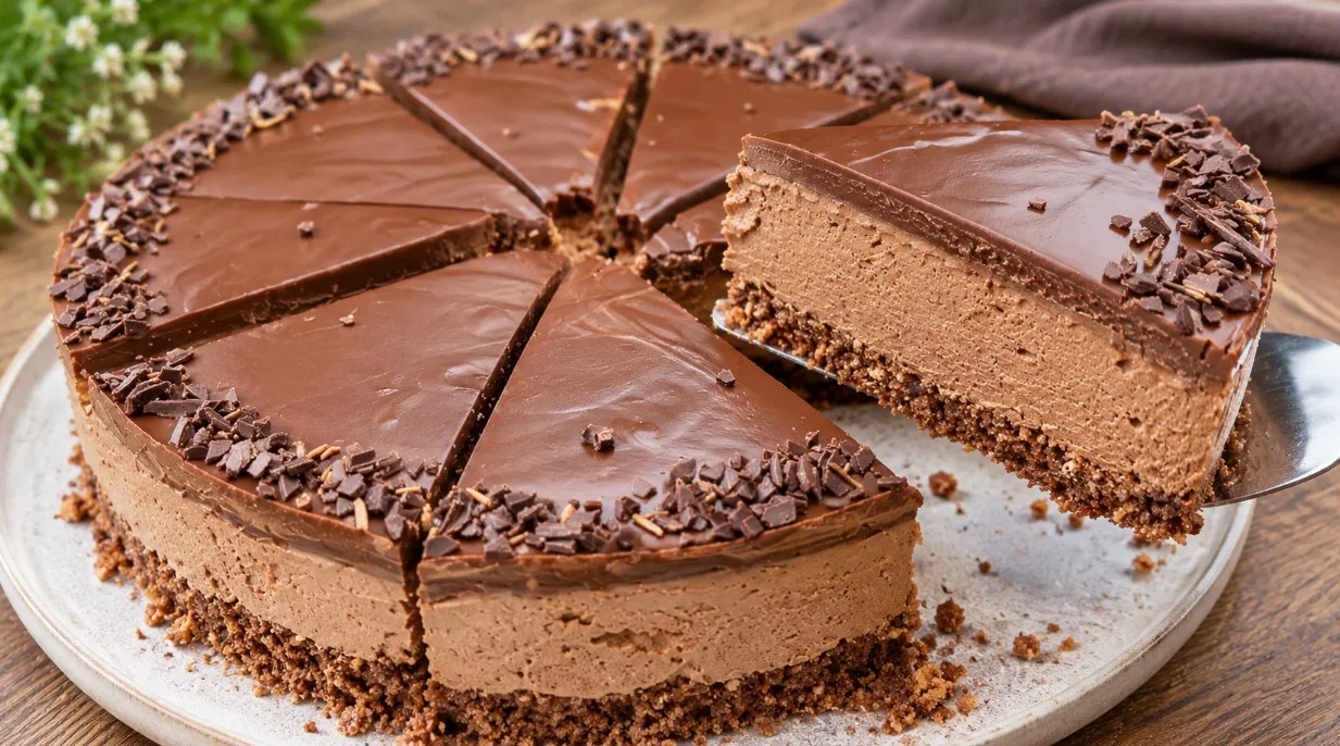 Šaltas šokoladinis tortas be kepimo ir be kiaušinių — iš sausainių, šokolado ir grietinėlės (6 val. atvėsinti)